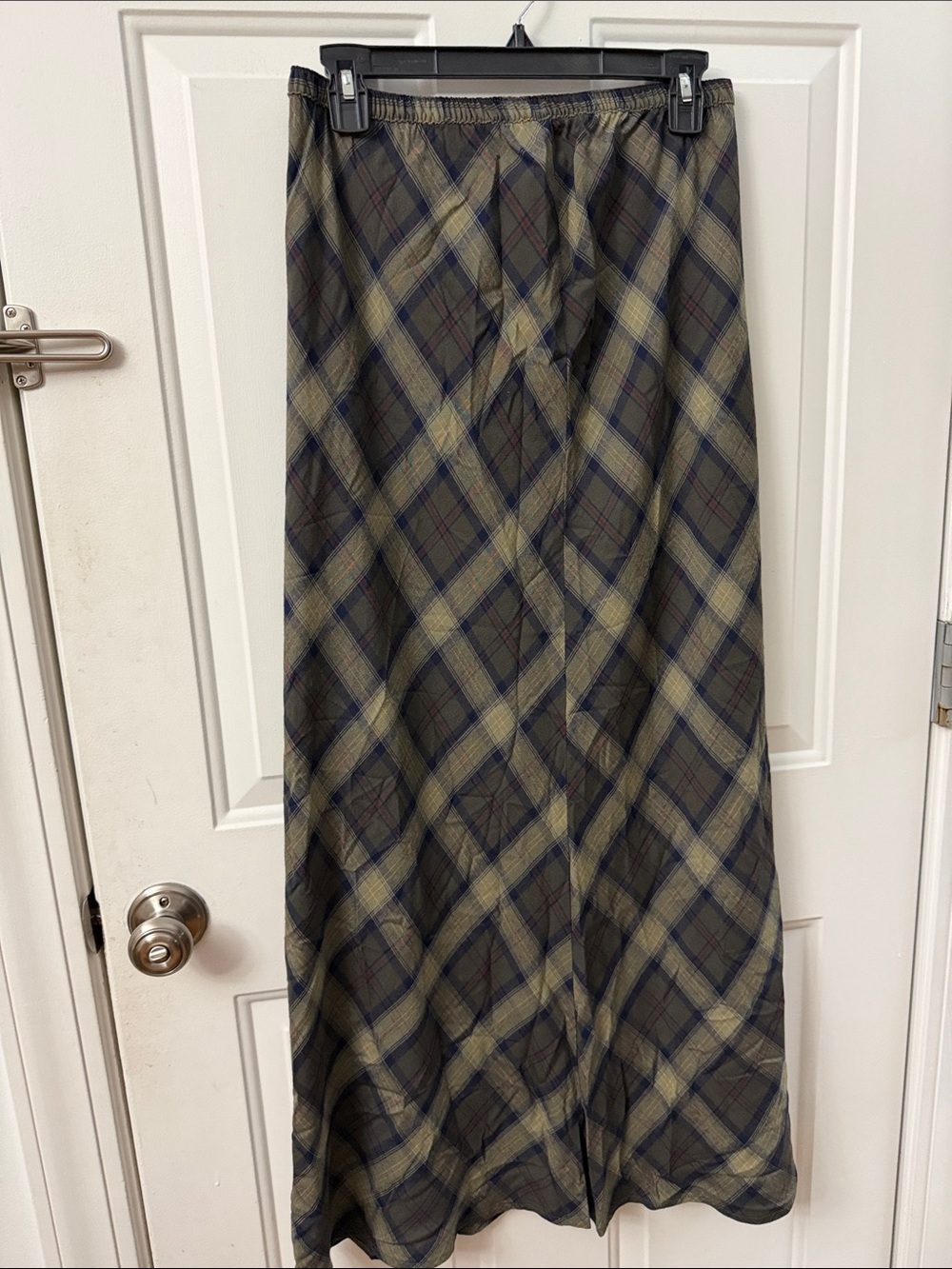 Plaid Maxi Skirt in Olive and Navy – Lightweight A-Line